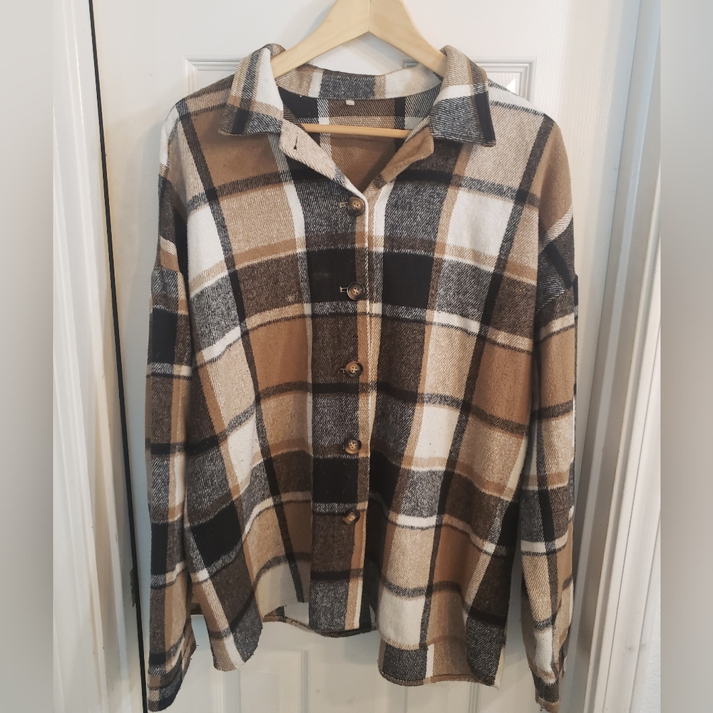 Plaid Button-Up Flannel Shacket in Brown and Black